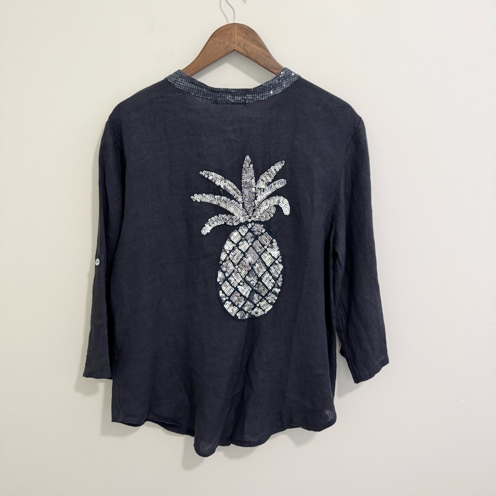Tempo Paris Grey Linen Pineapple Sequin Top - Picture 3 of 6